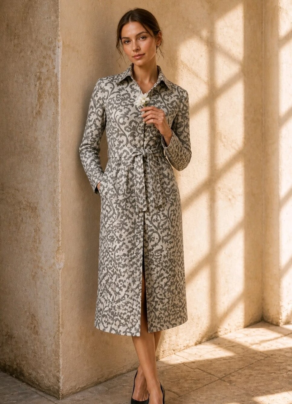 WD.NY Ivory and Gray Long Sleeve Light Weight Belted Jacket